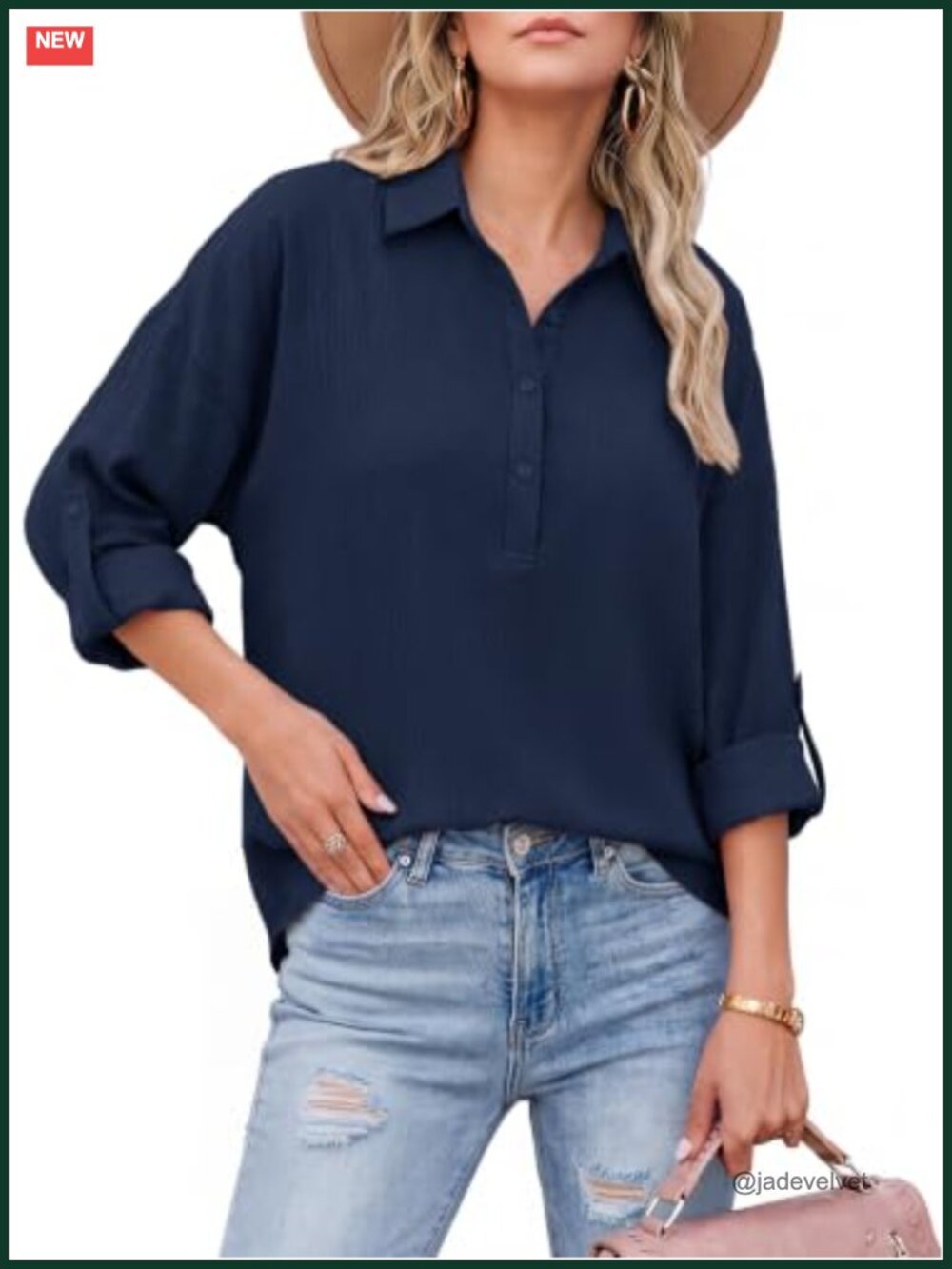 Women's V-Neck Button Down Long Sleeve Shirt - Stretchable Work Blouse